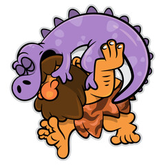 Cartoon illustration of Caveman wearing Sabretooth skin cloth, carrying a sleeping dinosaur baby and moving to his cave as a pet. Best for sticker, logo, and mascot with Jurassic themes