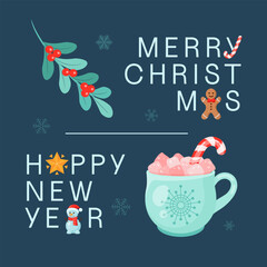 Merry Christmas and Happy New Year. Cute greeting card, poster, banner. Xmas design. Vector illustration