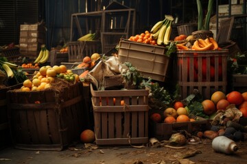 Boxes of fruits and vegetables in the backyard of the store, surplus products prepared for...