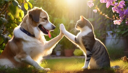 Cute Dog and cat giving a high-five - obrazy, fototapety, plakaty
