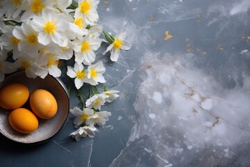 Flour and eggs on a gray kitchen background as ingredients for a recipe and dough dishes. Dough, pasta, pizza baking cooking background. Cookies pie or cake recipe. Spring Easter concept with flowers - obrazy, fototapety, plakaty