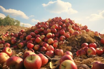A huge pile of ripe apples in a landfill. The problem of overproduction and irrational consumption. 