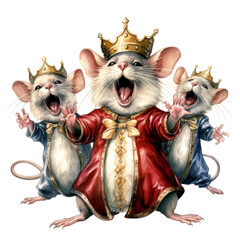 Mouse King with mouses. Watercolor illustration. Christmas fairytale character
