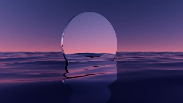 Wave sea beach and round mirror on sunset sky abstract background. Nature and summer concept. 3d render.	