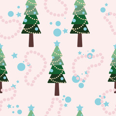 The flat simple seamless xmas pattern with stylized Christmas tree on the creamy background