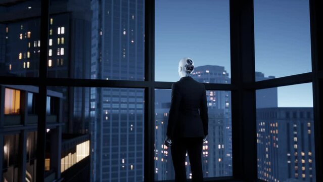 A robot humanoid staying in the empty office and looking out the window at the big city. future technology concept