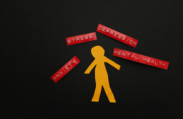 Paper cutout person surrounded by Depression , Stress , Anxiety, and Mental Health labels