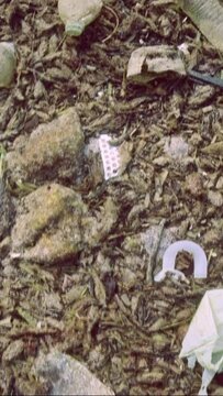 Vertical video, Top voew, Camera moving forwards above seabed covered with a lot plastic garbage. Bottles, bags and other plastic trash on seafloor in Mediterranean Sea 