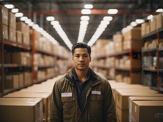 Photo of a dedicated warehouse worker, with shelves full of boxes in the background, exemplifying the elements of logistics, packing, and shipping, - obrazy, fototapety, plakaty