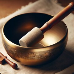 A portrait of a tibetan singing bowl or himalayan bowl, with a mallet lying on top of it to make a relaxing sound. The object is used for therapy to relieve stress and relaxation, meditation. - obrazy, fototapety, plakaty