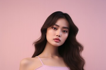 Studio photo of Asia female Model photography, in clear pink background, Generative ai