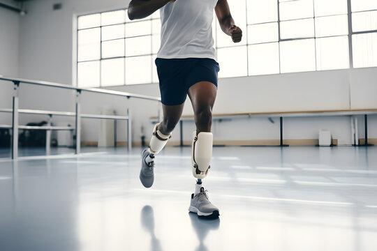 photo close-up of man with mechanical leg running