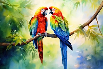Two parrots in tropical leaves and flowers sitting on a branch. Harlequin Macaw. Watercolor exotic floral illustration for design, print or background