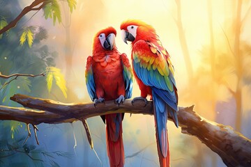 Two parrots in tropical leaves and flowers sitting on a branch. Harlequin Macaw. Watercolor exotic floral illustration for design, print or background - obrazy, fototapety, plakaty