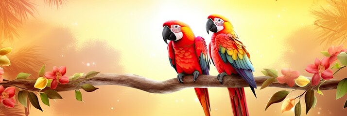 Two parrots in tropical leaves and flowers sitting on a branch. Harlequin Macaw. Watercolor exotic floral illustration for design, print or background - obrazy, fototapety, plakaty