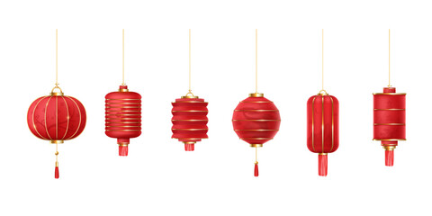 Realistic asian lanterns. 3d chinese or japan lantern for new year festival, hanging red paper lamp round shape oriental ornament, chinatown decoration decent vector illustration © ssstocker
