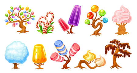Fantasy candy trees. Sweet fantastic plants for fairy delicious world, cartoon caramel chocolate waffle tree of forest magic sweets land, game element neoteric vector illustration