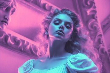Naklejka premium a Woman in Aphrodite, in 80's light background, Generative ai