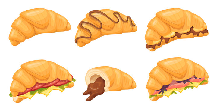 Croissant sandwich. Croissants isolated sandwiches pastry delicious filling, french baking rustic homemade pastries fresh lettuce cheese ham bread snack, neat vector illustration