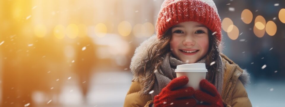 Cute girl in warm clothes holding disposable cup of takeaway hot drink in the street in winter day. Happy child drinking cocoa or tea. Christmas holiday and New Year concept for banner, poster, card