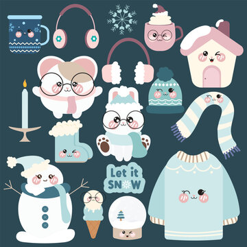 Vector set of kawaii cute emoji winter clipart elements. Cute Kawaii winter bunny.