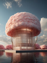 Surreal architecture with cloud-like structures over water at sunset