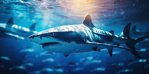 Foto op Canvas Wild life under water nature outdoor sea ocean big fish blue shark background. Deep dive scuba diving hunter animal © Graphic Warrior