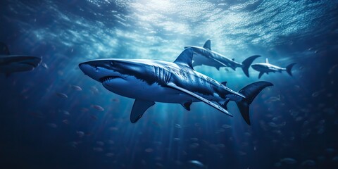Fototapeta premium Wild life under water nature outdoor sea ocean big fish blue shark background. Deep dive scuba diving hunter animal