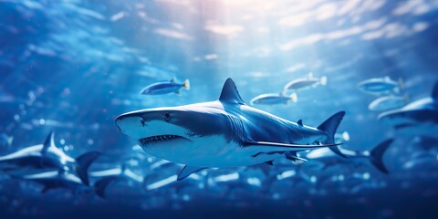 Obraz premium Wild life under water nature outdoor sea ocean big fish blue shark background. Deep dive scuba diving hunter animal