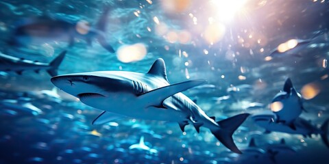Obraz premium Wild life under water nature outdoor sea ocean big fish blue shark background. Deep dive scuba diving hunter animal