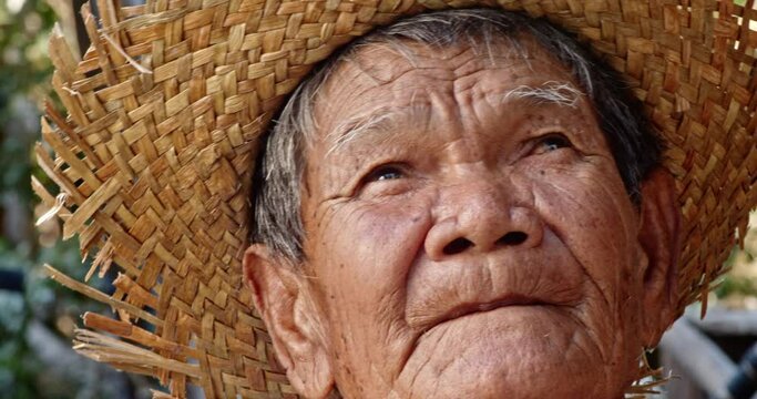 Close-up shot : Asian farmer's face who is a rural poor elderly villager standing, wearing hat, looking at the sky while he working in the crop field.