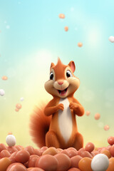 Closeup Cute cartoon 3d squirrel with nuts isolated on flat blue background with copy space. Banner template for advertising a product with natural whole nuts composition.