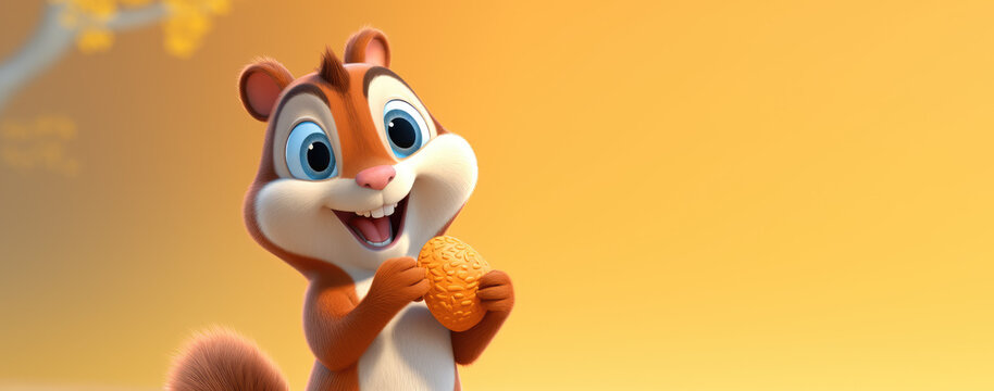 Closeup Cute cartoon 3d squirrel with nuts isolated on flat orange background with copy space. Banner template for advertising a product with natural whole nuts composition.