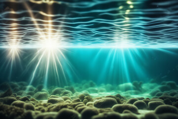Fototapeta na wymiar Hintergrund Unterwasser Welt mit Sonnenstrahlen auf der Wasseroberfläche Hintergrund