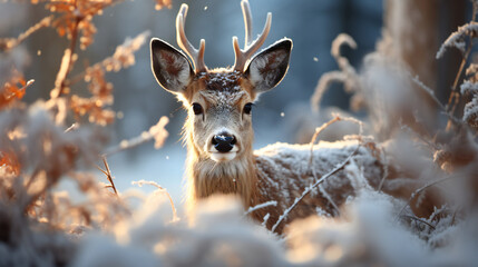 deer in the snowy forest, sunny day