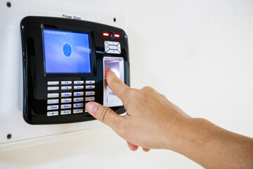 Fingerprint scan, Male press sensors to scan access control for open security door