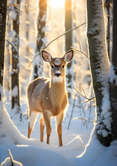 Fototapeta premium deer in the snowy forest, sunny day