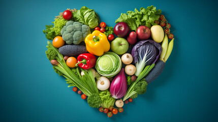 Fresh veggies Heartshaped on a blue backdrop Happy vegan day Vegetarian lifestyle eat trend celebrate healthy mockup
