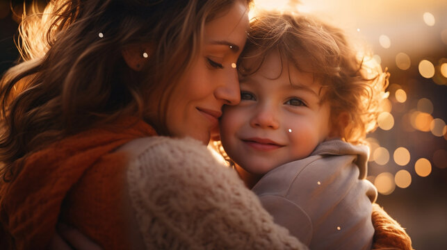 Isolated mother hugging child son daughter on defocused bokeh flare background