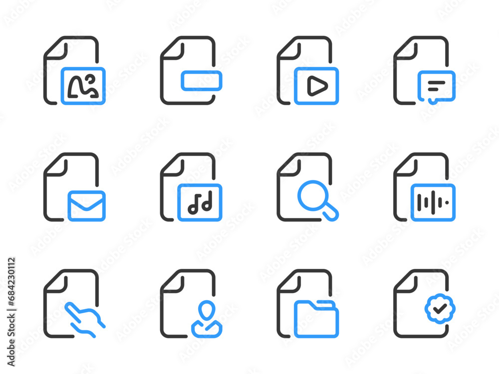 Poster document vector line icons. file data and configurations outline icon set.