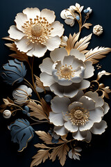 white flowers on black background, in the style of sculptural reliefs created with Generative Ai