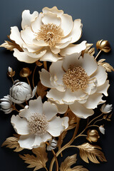 white flowers on black background, in the style of sculptural reliefs created with Generative Ai