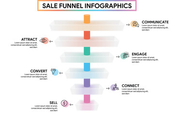 6 Phase Funnel Diagram in Glassmorphism Style. Rectangle Shape with Cylinder Pipeline Infographic Template Illustration for Business Report. - obrazy, fototapety, plakaty