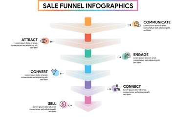 6 Phase Funnel Diagram in Glassmorphism Style. Triangle Shape with Cylinder Pipeline Infographic Template Illustration for Business Report.