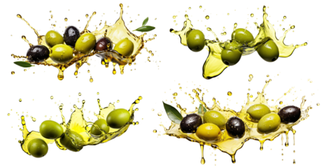 Set of delicious olives in splashes of olive oil, cut out