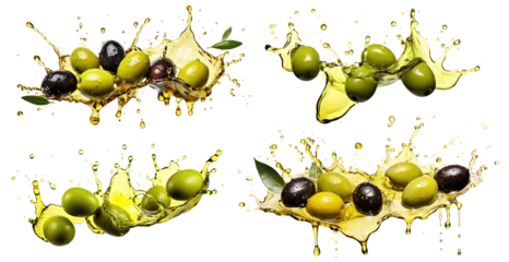 Gordijnen Set of delicious olives in splashes of olive oil, cut out © Yeti Studio