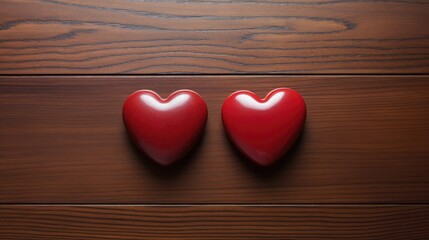 Two red hearts on a wooden background. Valentines day concept