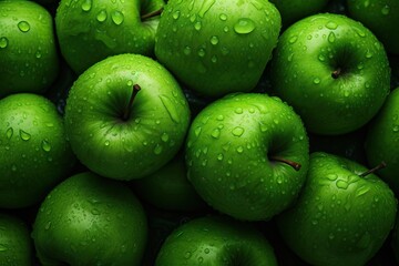 Apple fruits flat lay background. Fresh green apples from the market. Tasty and juicy. Summer freshness fruits. Healthy eating, raw food, vegan vitamins food concept