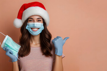 Fototapeta na wymiar Happy Person wear christmas hat and medical mask on solid color background. ai generative