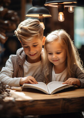 little boy and girl reading a book, smart children, child, kid, student, son, daughter, siblings, brother, sister, cozy home, table, room, evening, fairy tale, study, learning, family, children's room